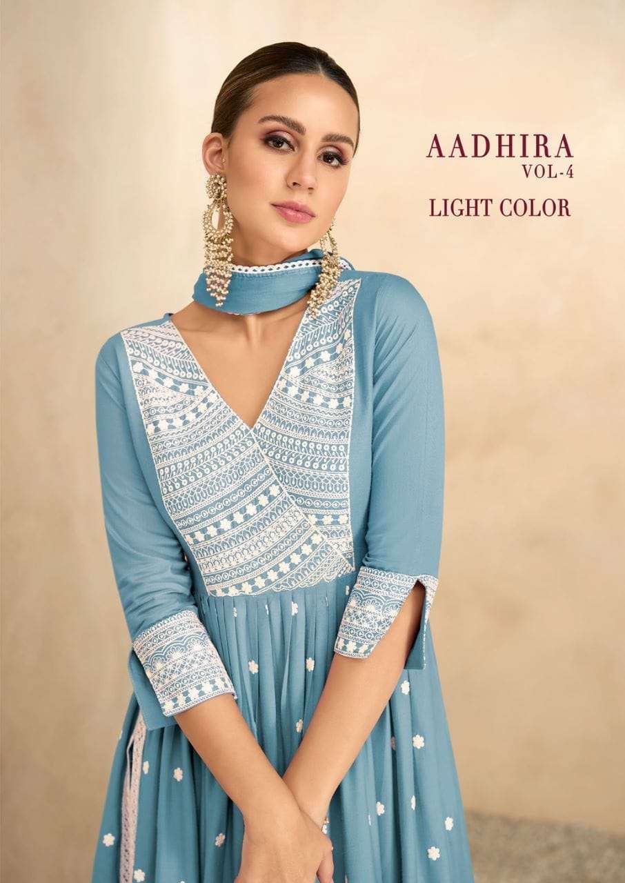 AADHIRA VOL 4 LIGHT COLOR  REYON VISCOS FRNT AND BACK LAKHNAWI WORK NAYRA CUT KURTI WITH COTTON PANT AND NAZMIN DUPATTA BY VAMIKA BRAND POSTER